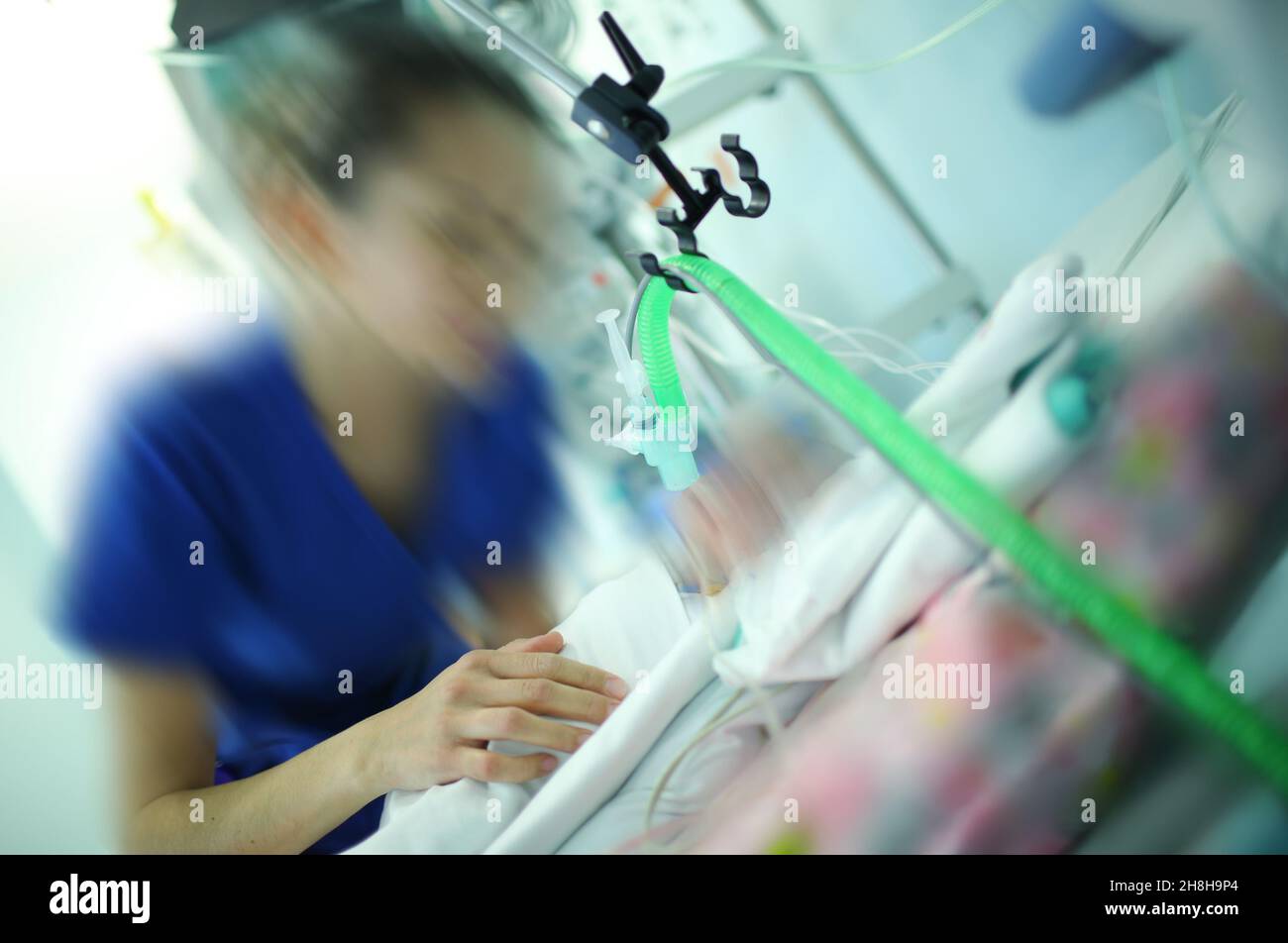 Female doctor working with the baby patient in the newborn intensive care unit. Stock Photo
