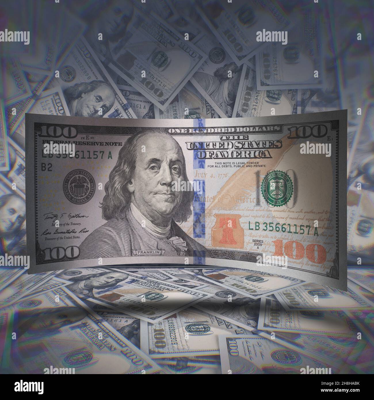 US dollar bill on the scattered dollars background. Stock Photo