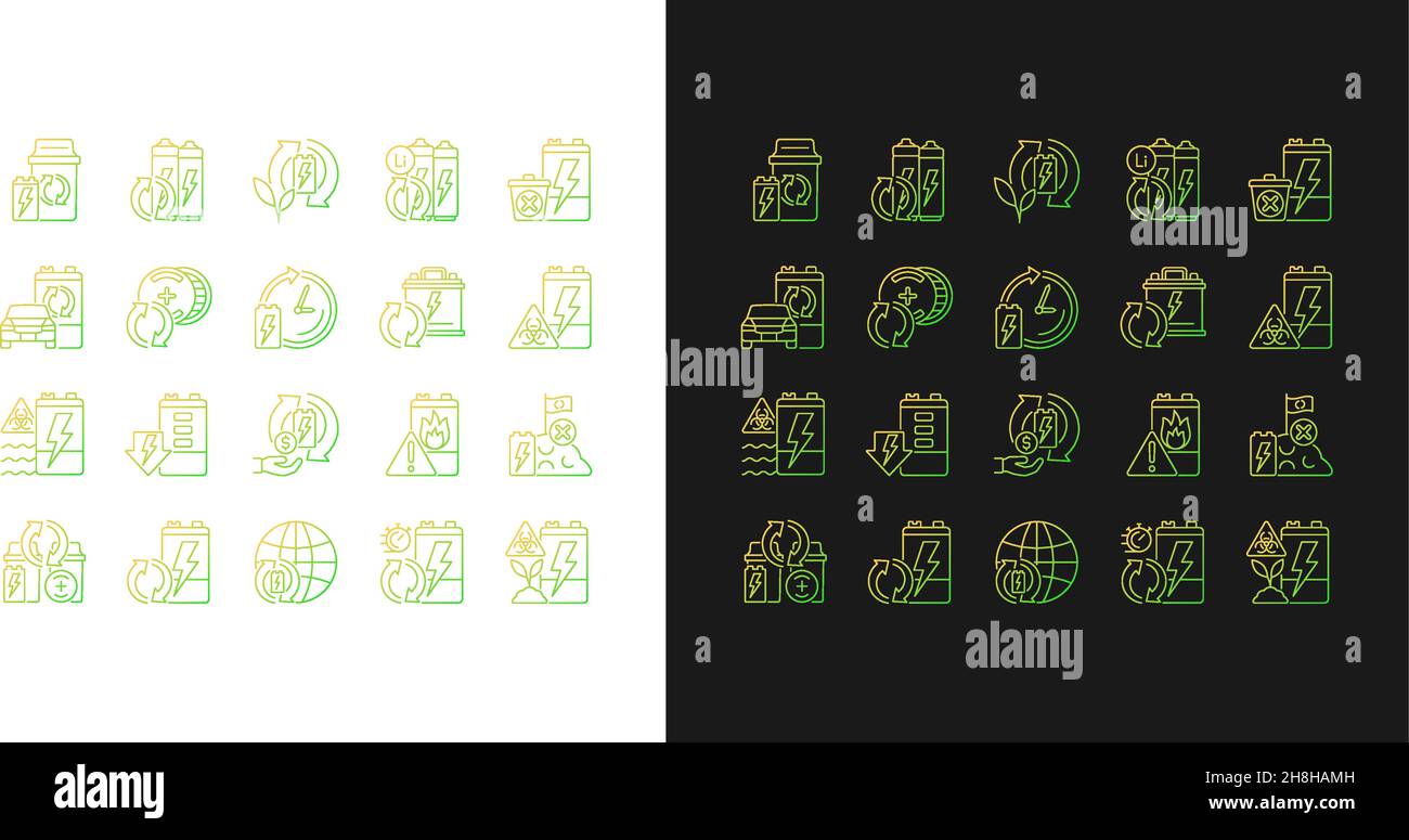 Battery recycling gradient icons set for dark and light mode Stock Vector