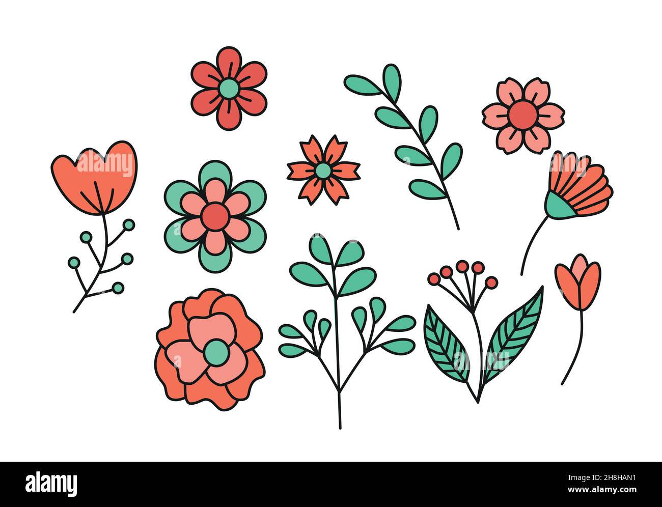 Set of hand drawn flowers and leaves new design . Vector illustration ...