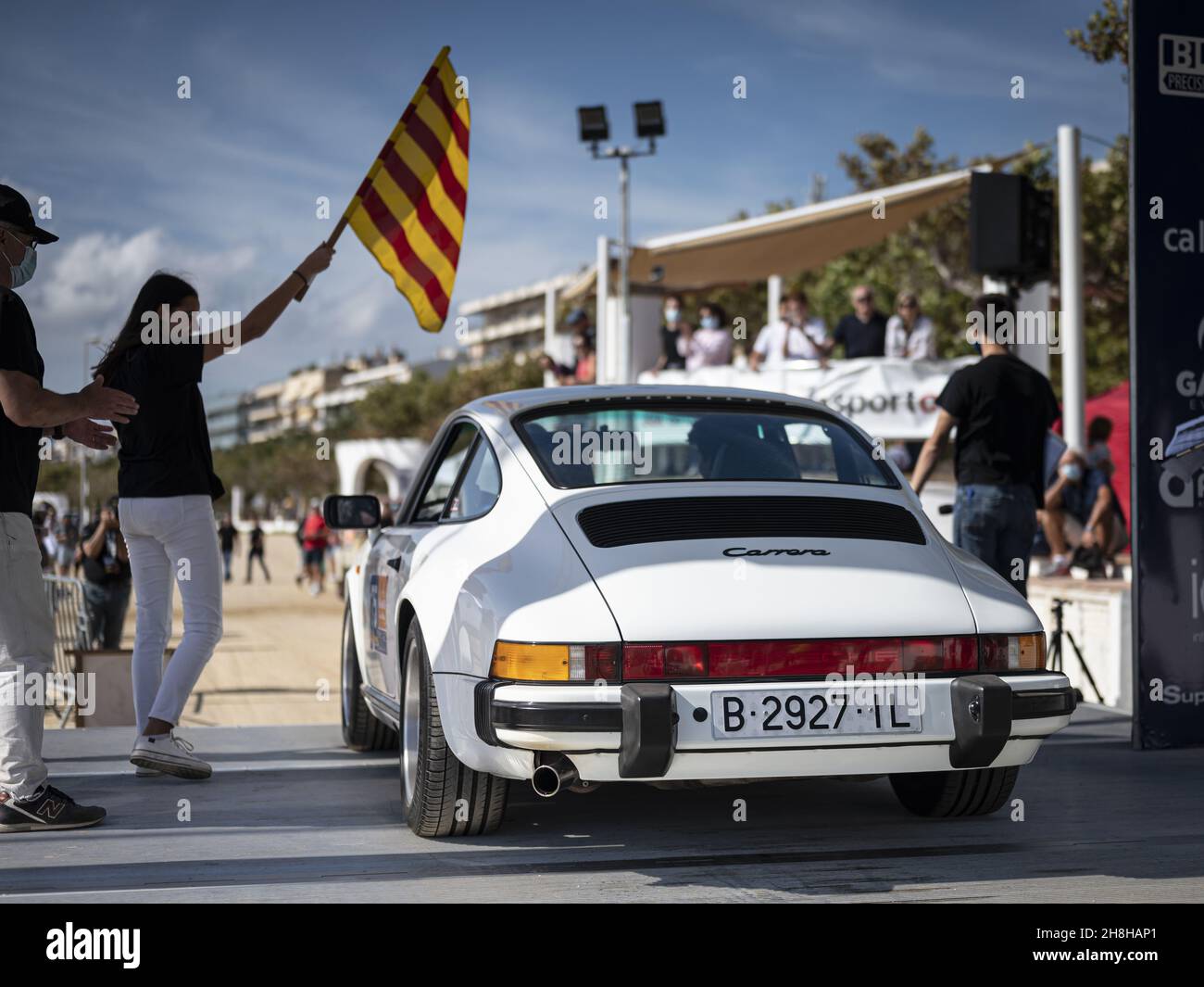 PALAMOS, SPAIN - Nov 03, 2021: A closeup of a white Porsche 911 Carrera featured at the  XVIII Costa Brava Historic Rally in Palamos, Spain Stock Photo