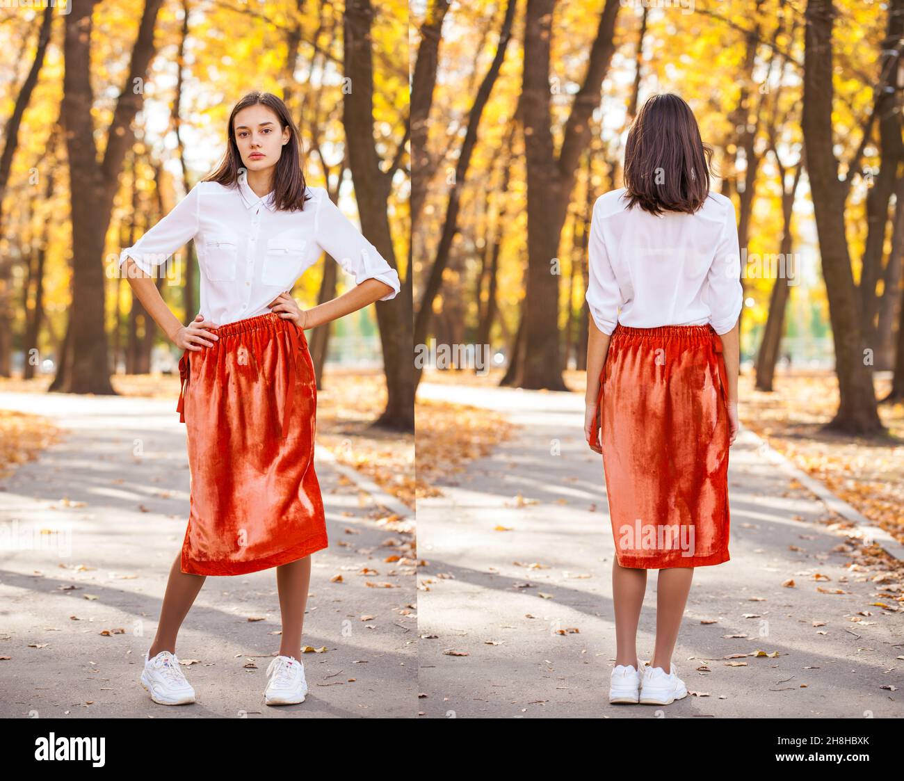 Collage front and back view portrait of a young beautiful girl in