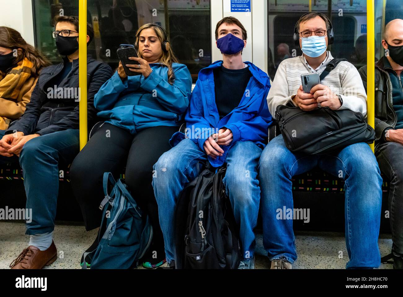 Passengers Wearing Face Masks On A London Underground Train, London, UK