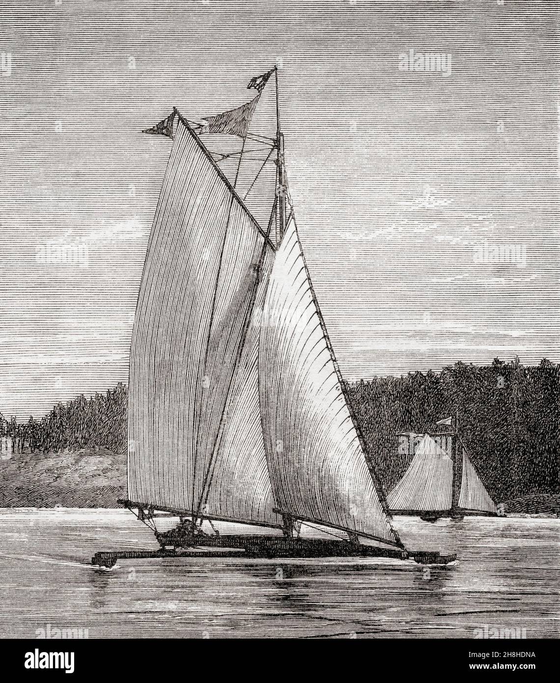 A modern racing ice-yacht on the Hudson River, United States of America.  From Longman's New Geographical Readers, published 1892. Stock Photo