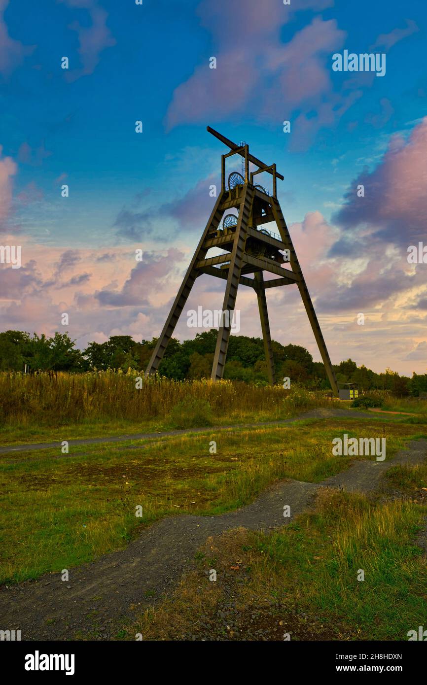 Former colliery winding head Barony A frame in summers evening light Stock Photo