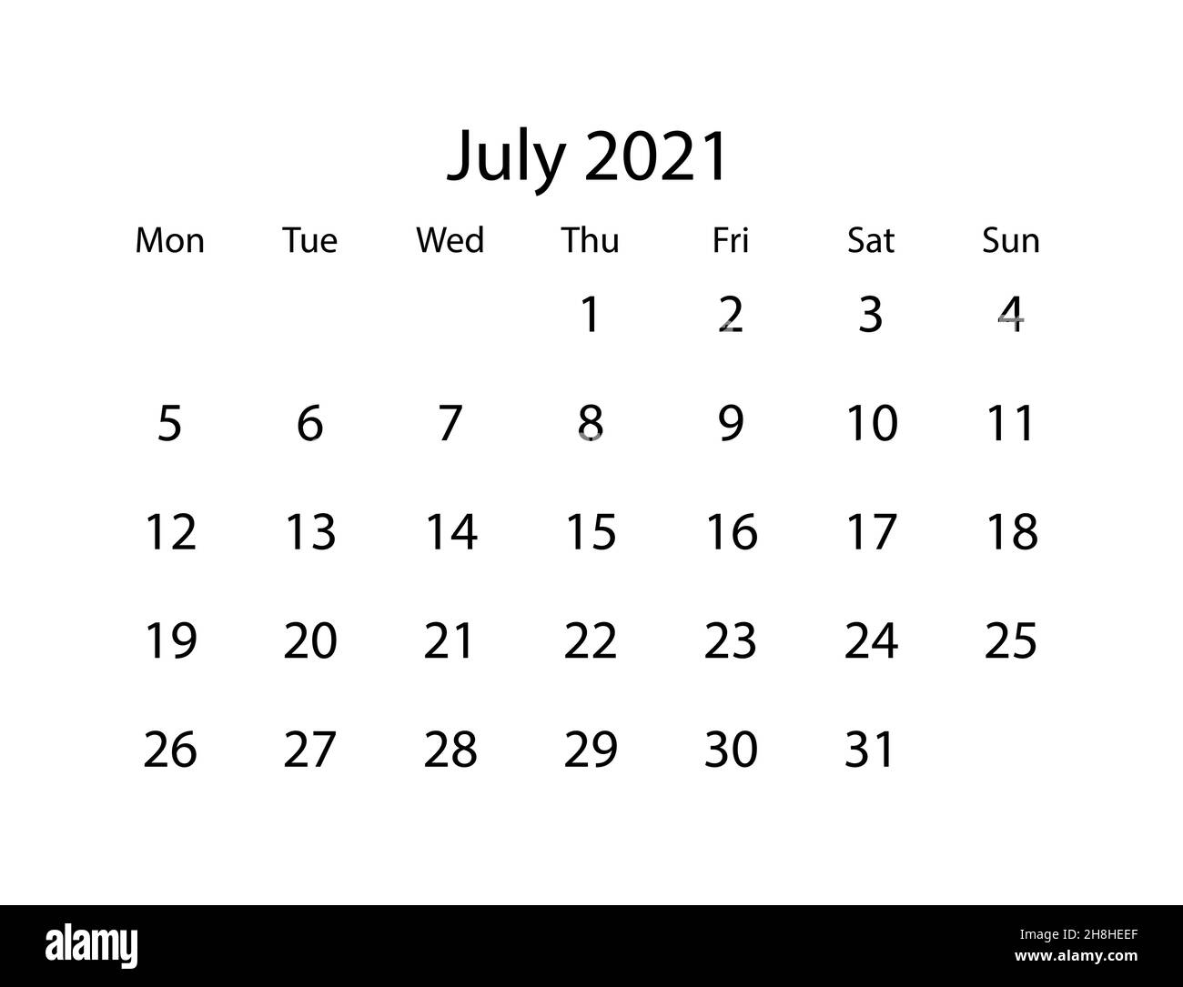 Vector calendar for month july 2021 on white background Stock Vector