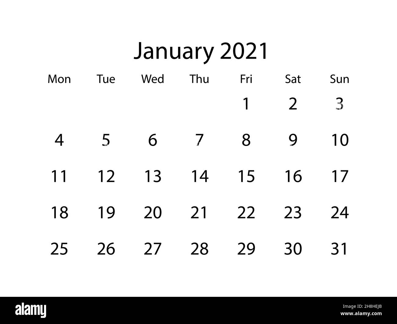 Vector calendar for month January 2021 on white background eps Stock