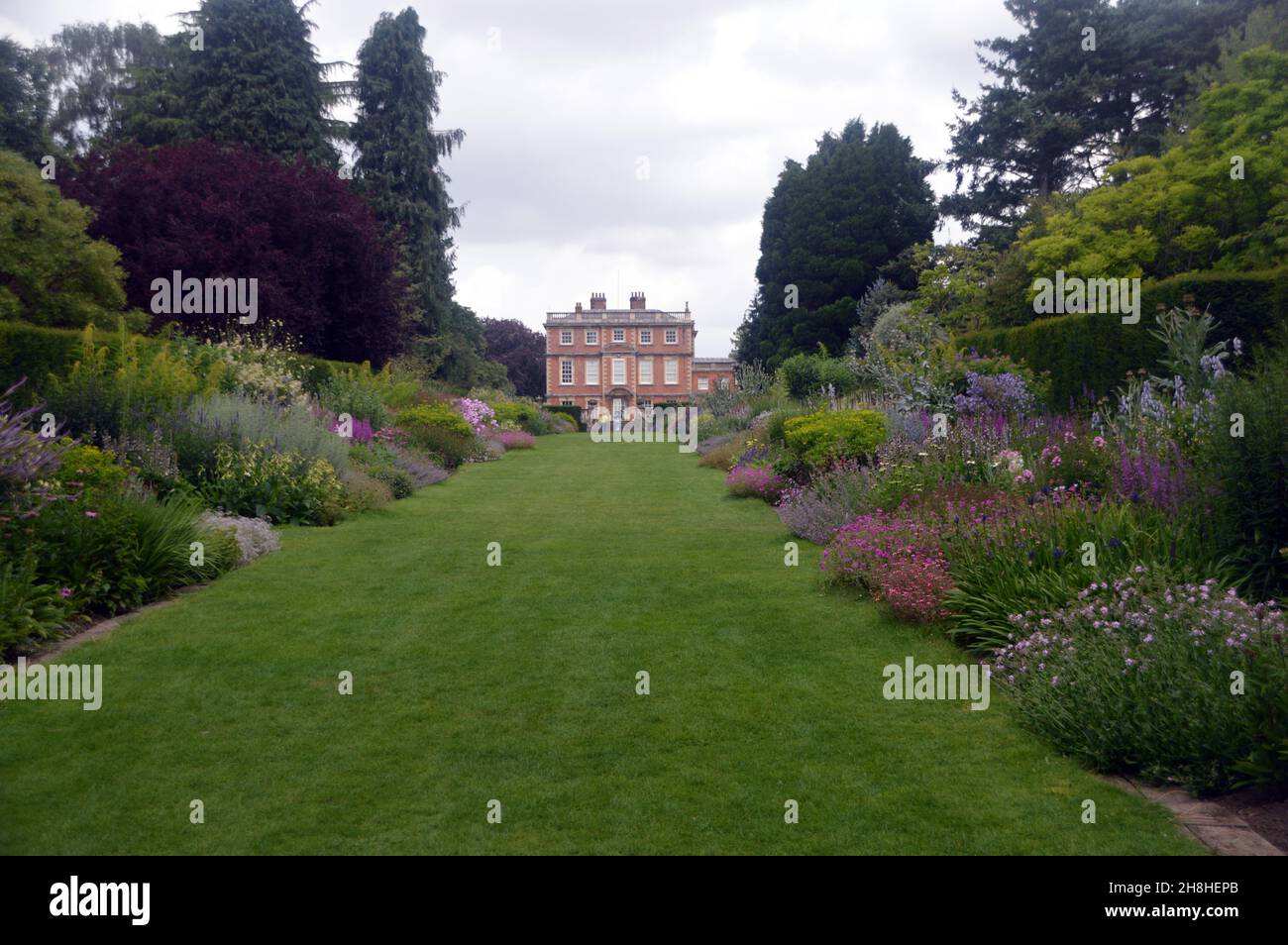 The Lawn and Double Herbaceous Borders at Newby Hall & Gardens, Ripon, North Yorkshire, England, UK Stock Photo