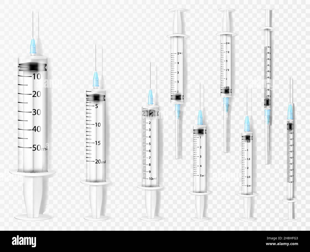 Set of medical plastic syringes of different sizes ,scope and purpose