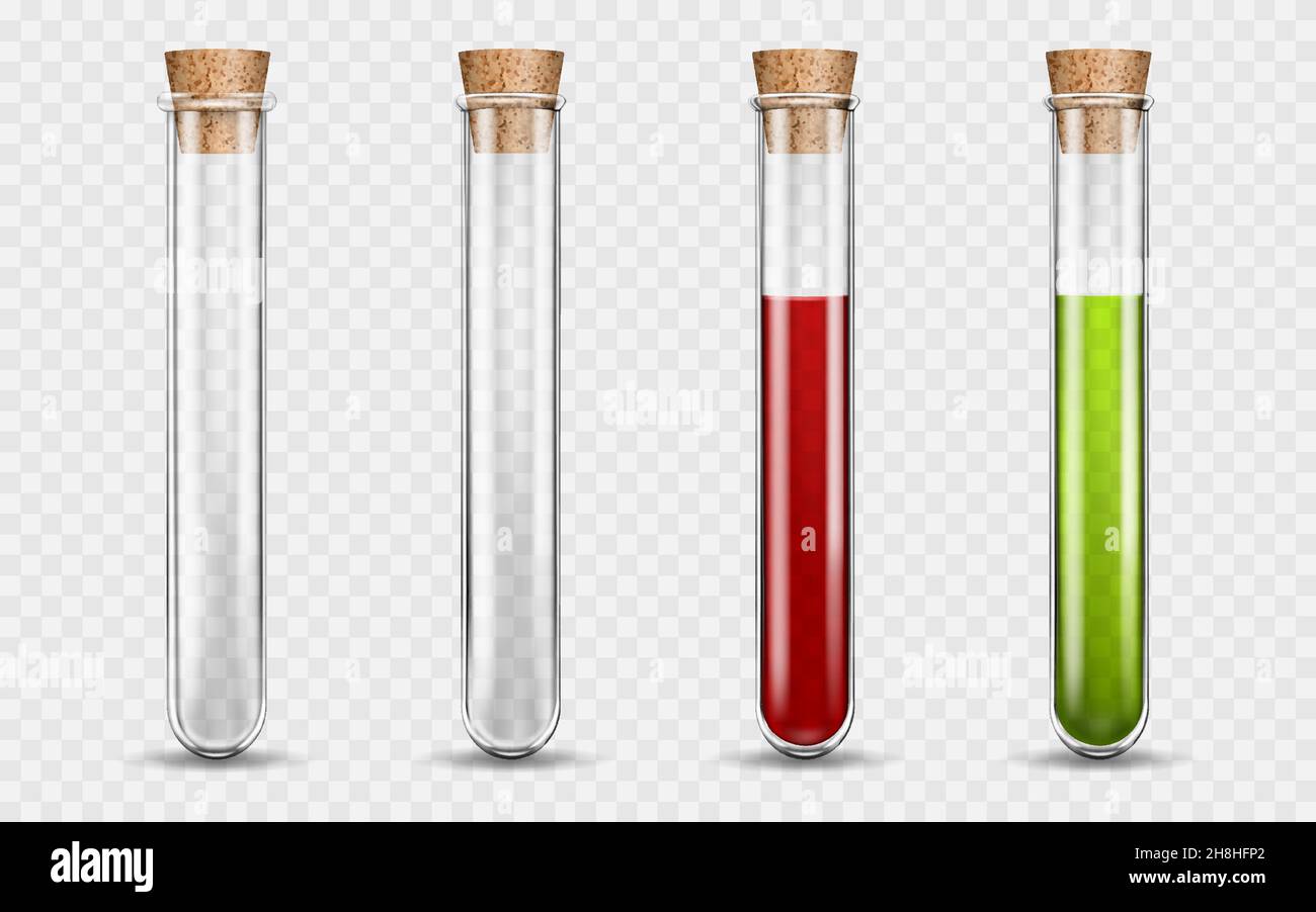 Transparent medical glass tube set, colored liquids in test tube with