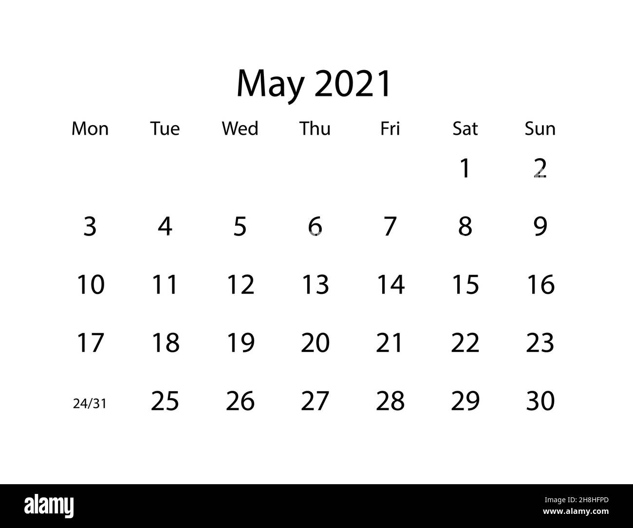 Vector calendar for month May 2021 on white background Stock Vector