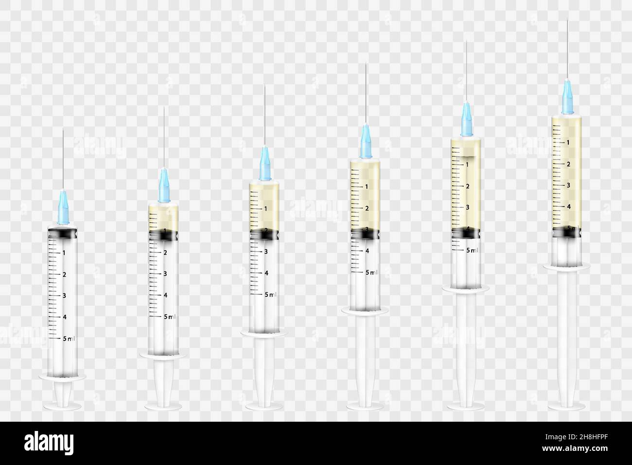 A set of medical syringes. The injection syringe is empty and filled