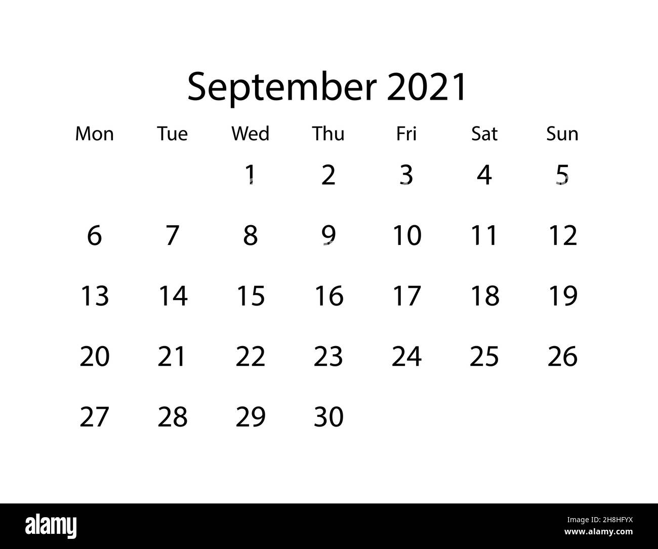 Vector calendar for month September 2021 on white background Stock