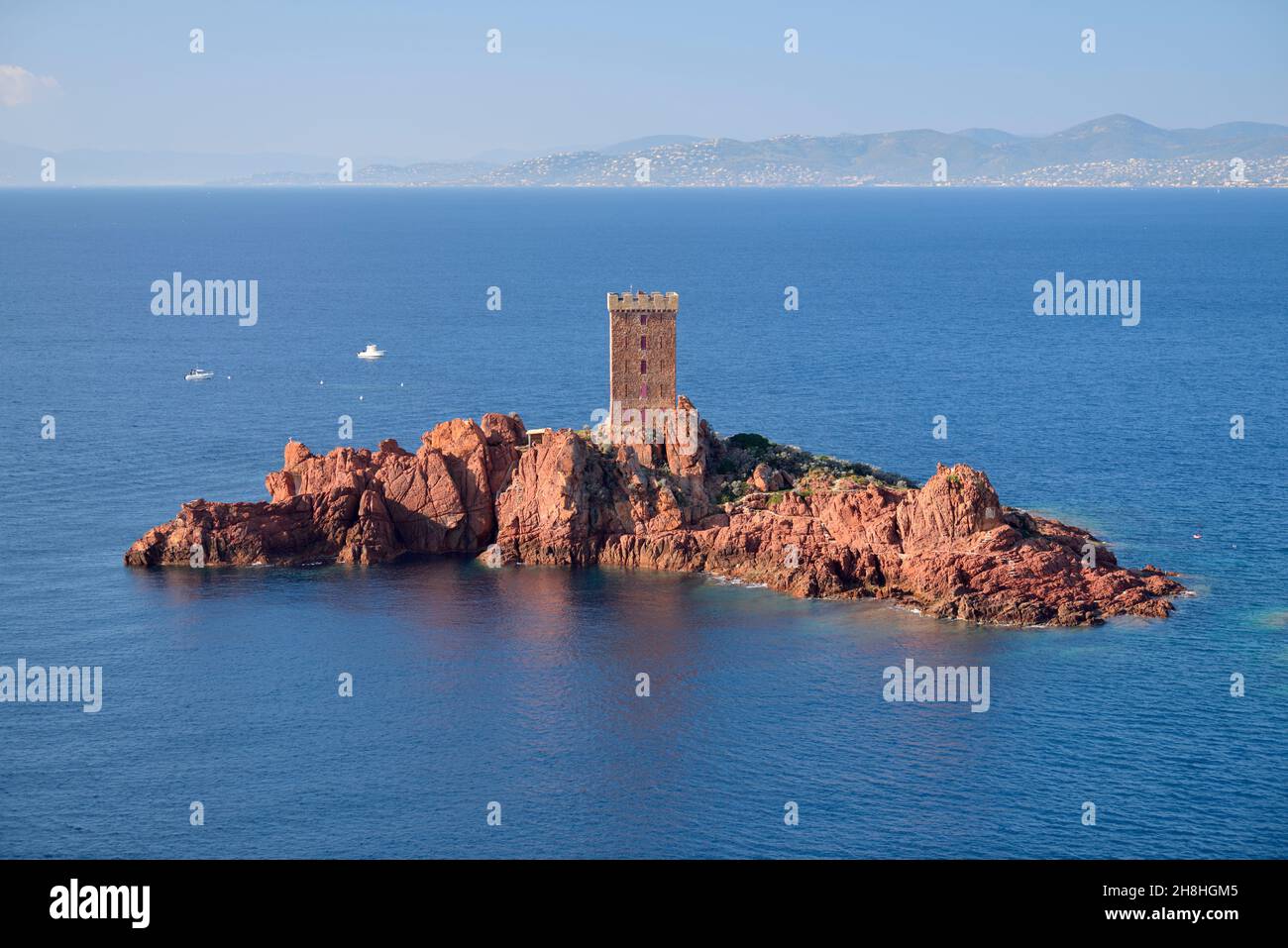 France, Var, massif of Esterel, Esterel corniche, St Raphael, Dramont Cap and the ile d'Or (Gold island) Stock Photo