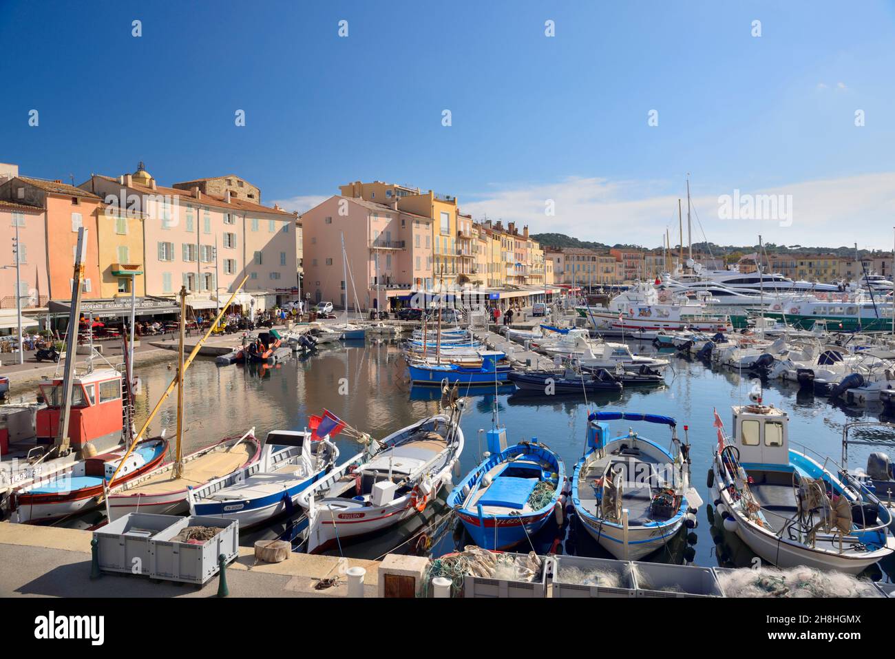 France, Var, Saint-Tropez, quai Jean Jaurès, fisherman's boats in the old port Stock Photo