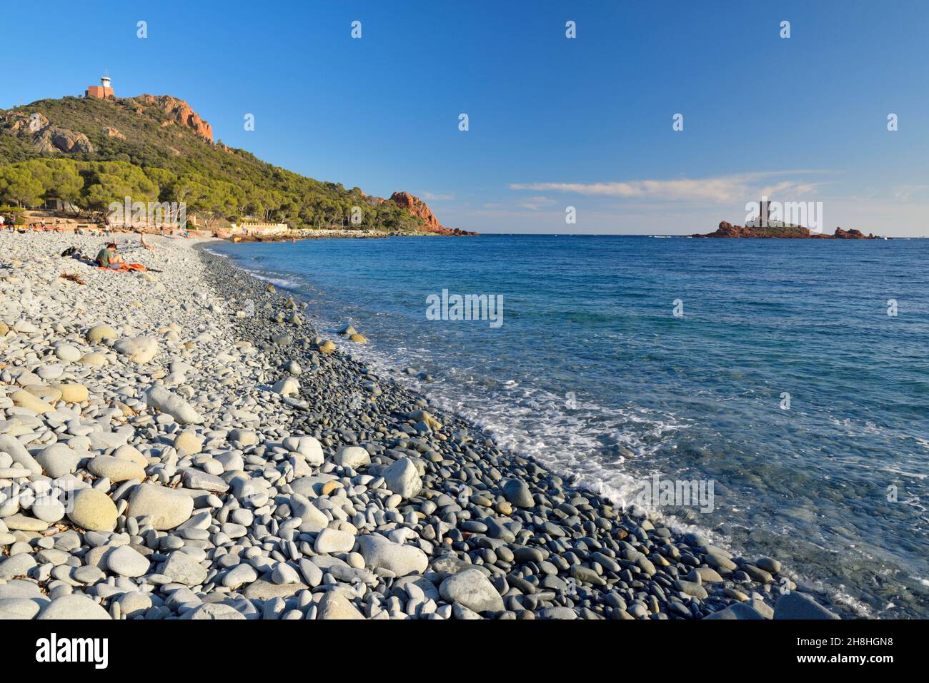 France, Var, Saint Raphael, Dramont, Massif de l'Esterel (Esterel Massif), the Corniche d'Or, landing beach of Provence at the Dramont cape the August 15 1944 Stock Photo