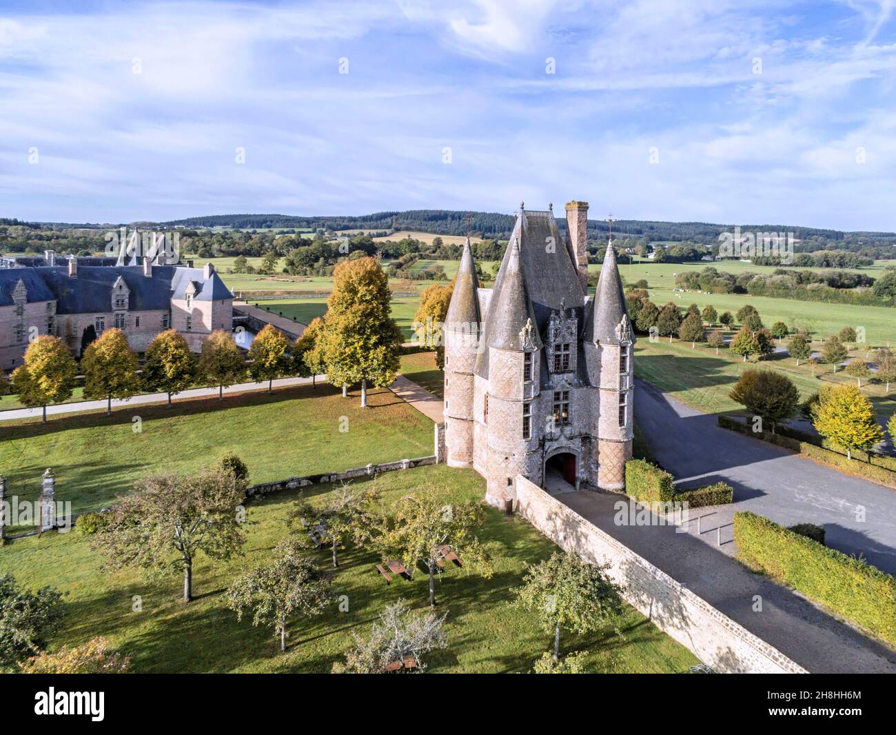 France, Orne, castle of Carrouges, medieval fortress of the 14th century (aerial view) Stock Photo