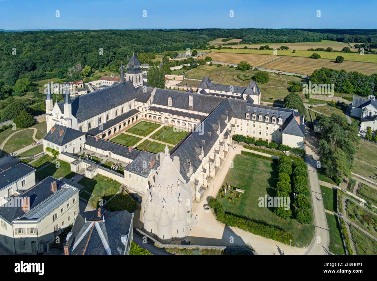 France, Loire valley listed as World Heritage by UNESCO; Maine-et-Loire, Fontevraud-l'Abbaye, the abbey (aerial view) Stock Photo