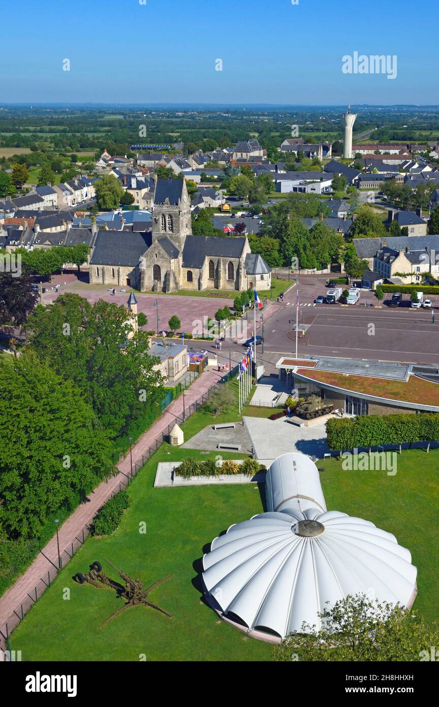 France, Manche, Sainte-Mère-Eglise, the Airborne museum and the church (aerial view) Stock Photo