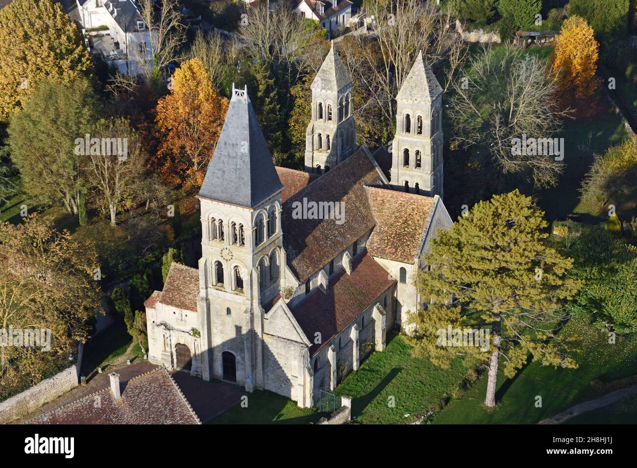 France, Oise, Morienval abbey (aerial view) Stock Photo