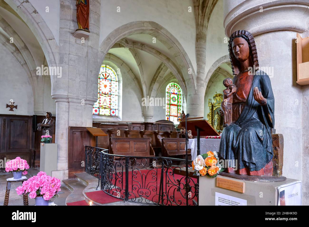 France, Doubs, Ornans, Via Francigena, Loue valley, Mouthier Haute Pierre, inside the church of Saint Laurent, 15th century polychrome wooden statue of Our Lady of Brey Stock Photo