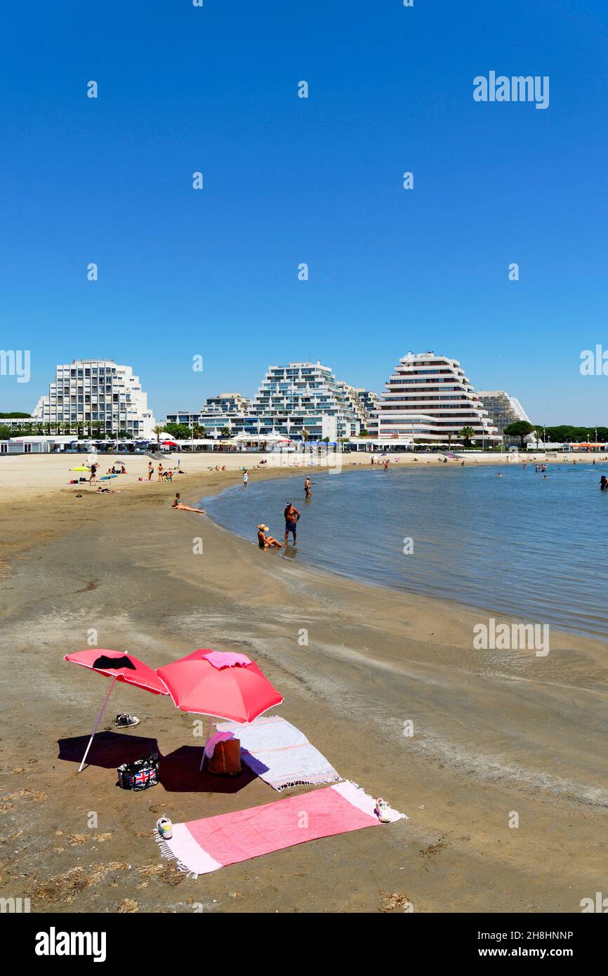 France, Herault, La Grande Motte, the resort beach with pyramidal architecture, Heritage of the 20th century and the beach Stock Photo