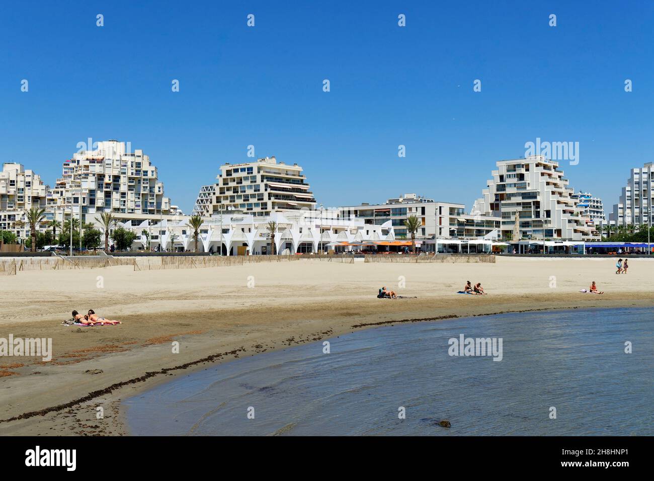 France, Herault, La Grande Motte, the resort beach with pyramidal architecture, Heritage of the 20th century and the beach Stock Photo