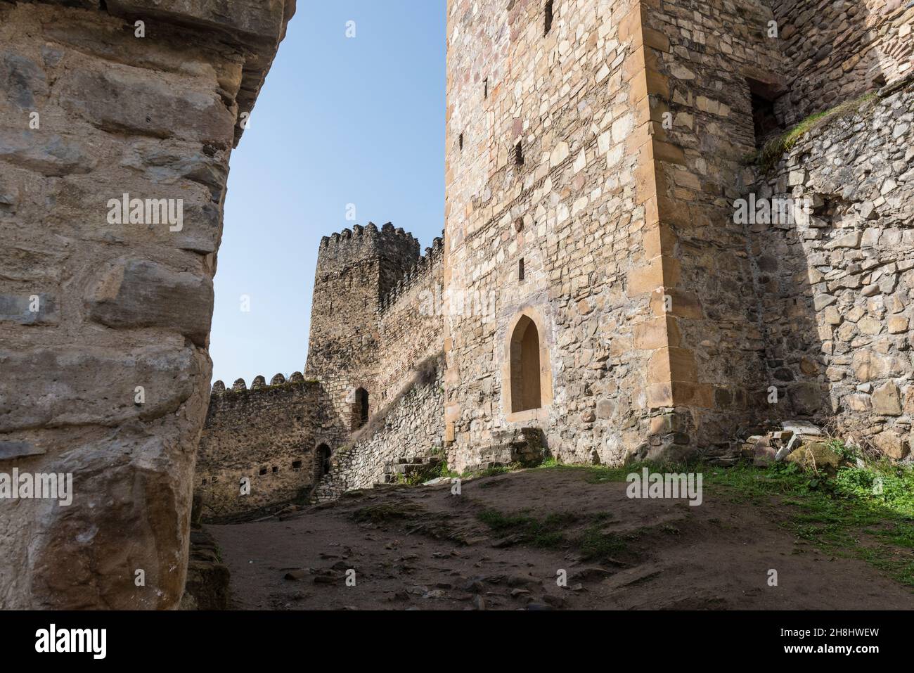 View between the walls of the Ananuri castle, near the Zhinvali Reservoir. Georgia, Caucasus Stock Photo