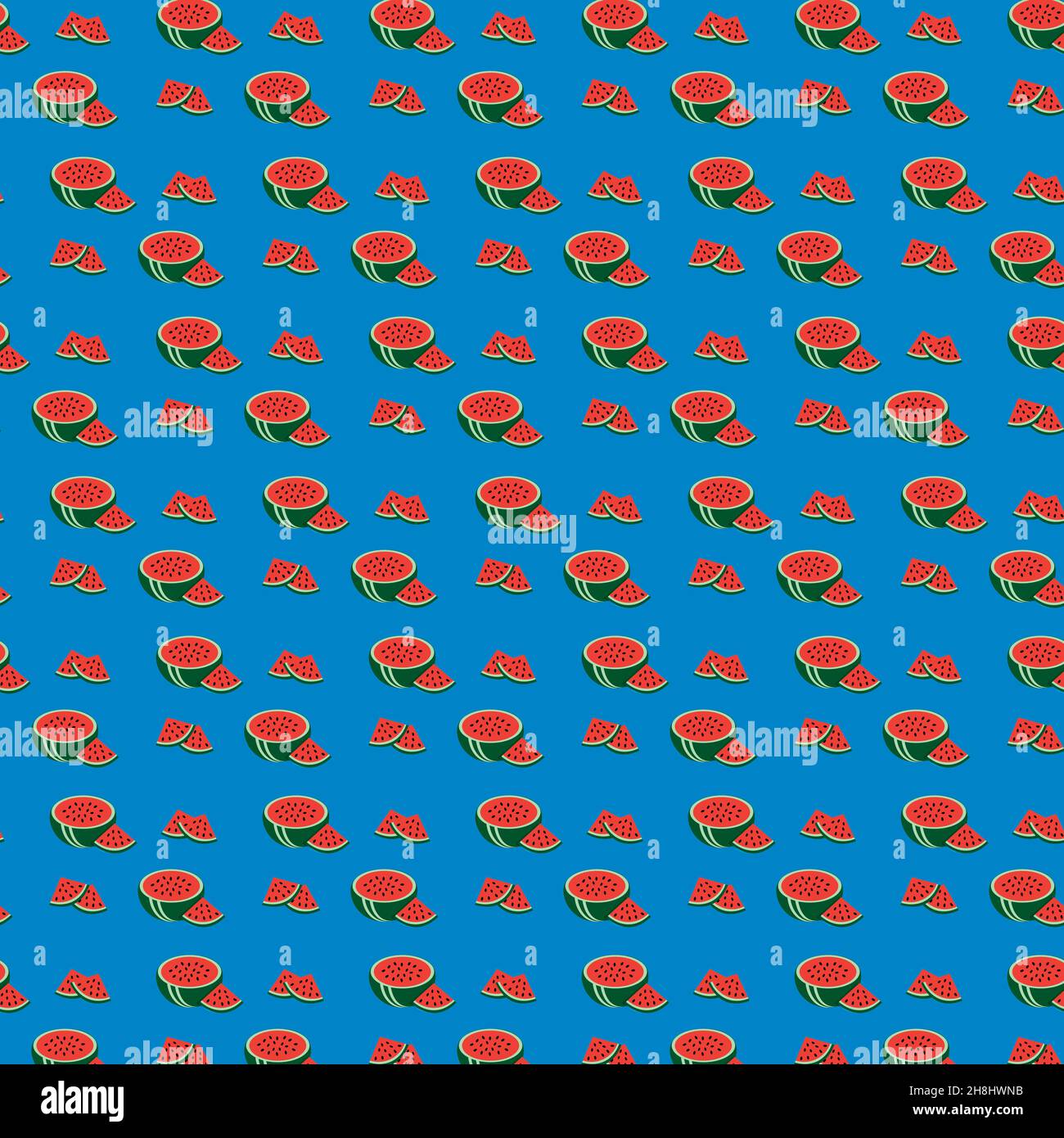 Vectorized pattern of halved and sliced watermelons on blue background. Stock Vector