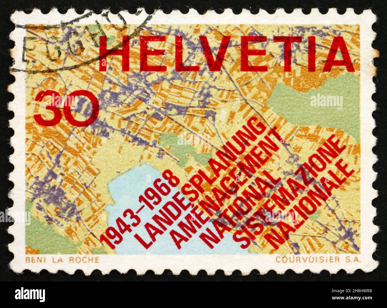 SWITZERLAND - CIRCA 1968: a stamp printed in the Switzerland shows Map Showing Systematic Planning, 25th Anniversary of the Swiss Society for Territor Stock Photo