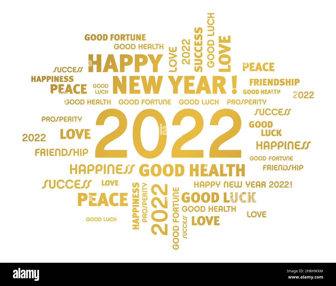 Greeting words around New Year date 2022, colored in gold, isolated on white. Word cloud wishes card. Stock Vector