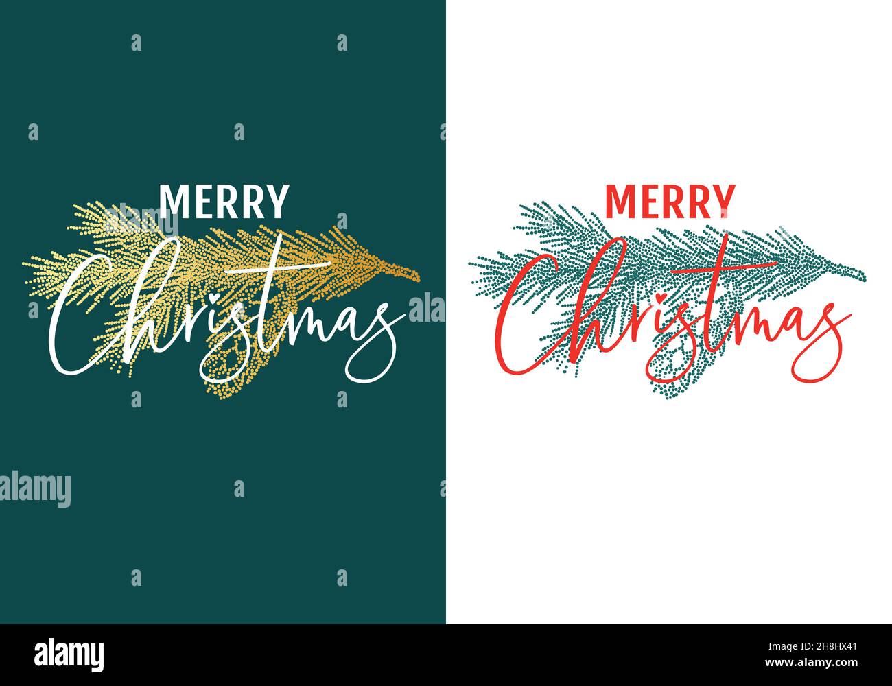 Christmas card with green fir tree branch, red and gold handwritten text, vector illustration over white background Stock Vector