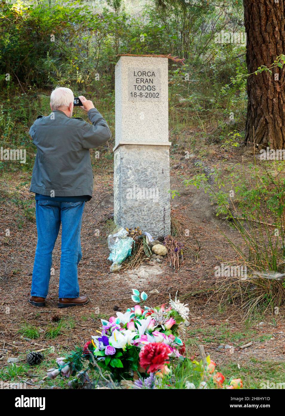 Memorial to internationally famous Spanish poet and playwright Federico Garcia Lorca at the Barranca de Viznar, Granada Province, Spain.  The gully is Stock Photo