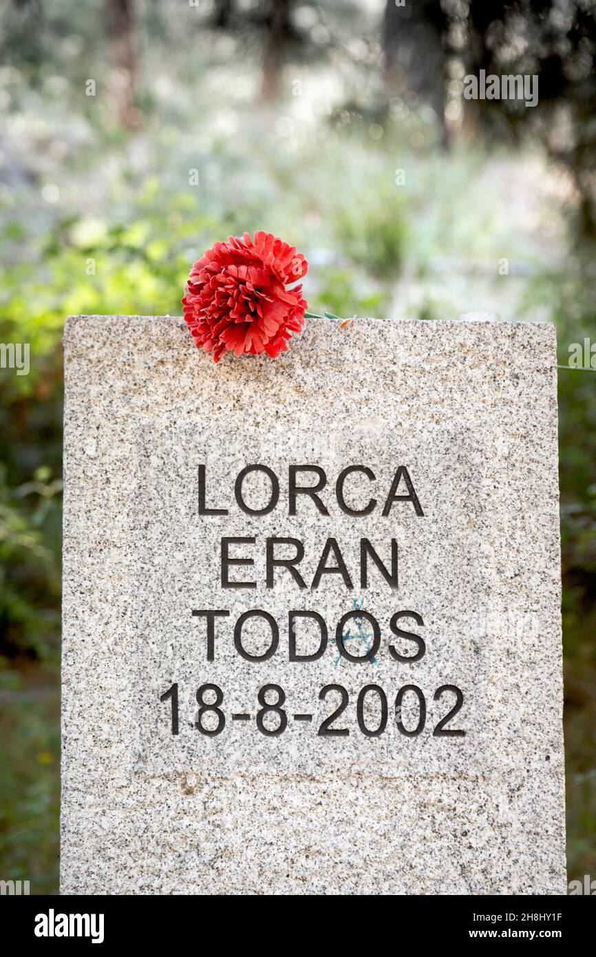 Memorial to internationally famous Spanish poet and playwright Federico Garcia Lorca at the Barranca de Viznar, Granada Province, Spain.  The gully is Stock Photo
