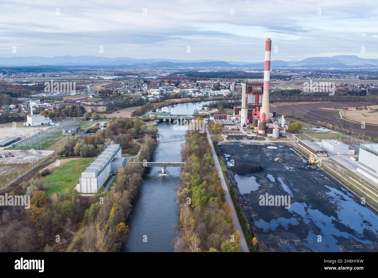 Aerial view of a combined heat and power station fueled by gas and coal in Werndorf Stock Photo