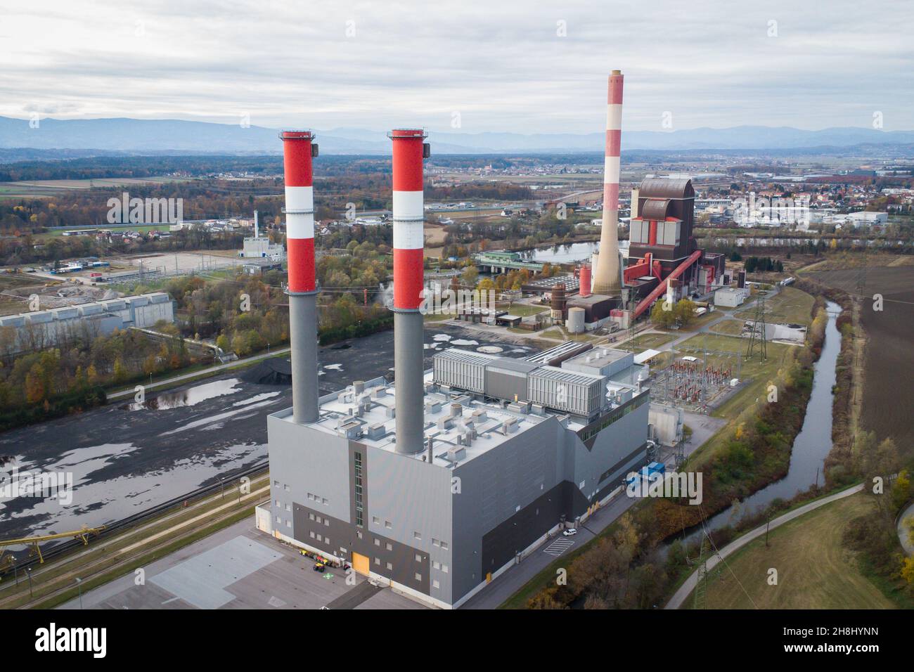 Aerial view of a combined heat and power station fueled by gas and coal in Werndorf Stock Photo