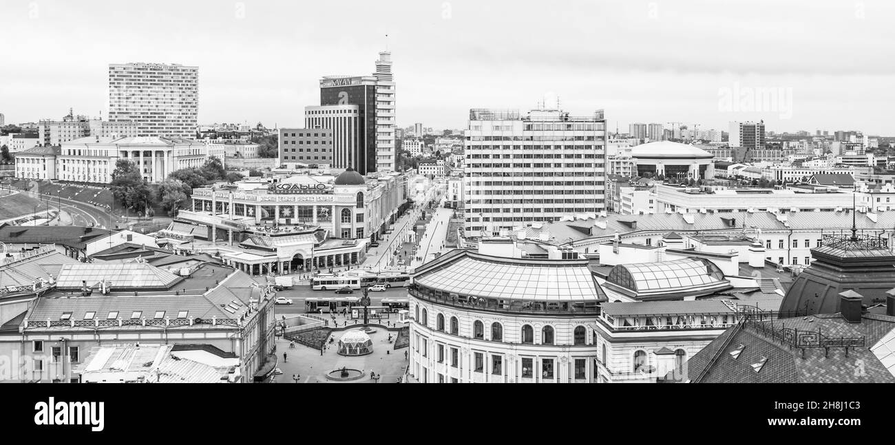 Kazan, Russia - August 14, 2018: A bird's-eye view of the central part of Kazan, black and white photo Stock Photo