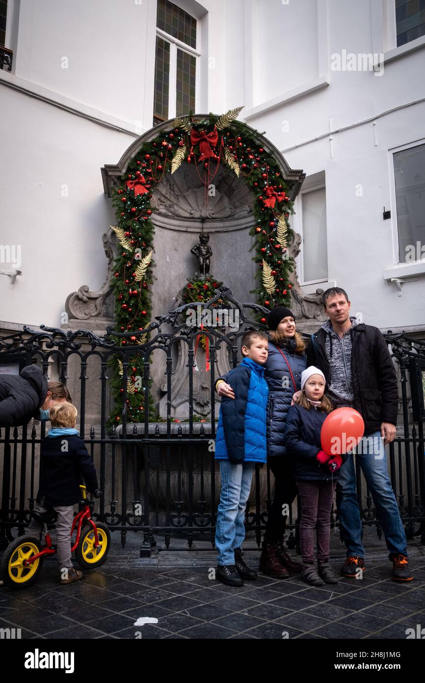 Belgium, Brussels. The Manneken Pis, famous 17th century fountain with