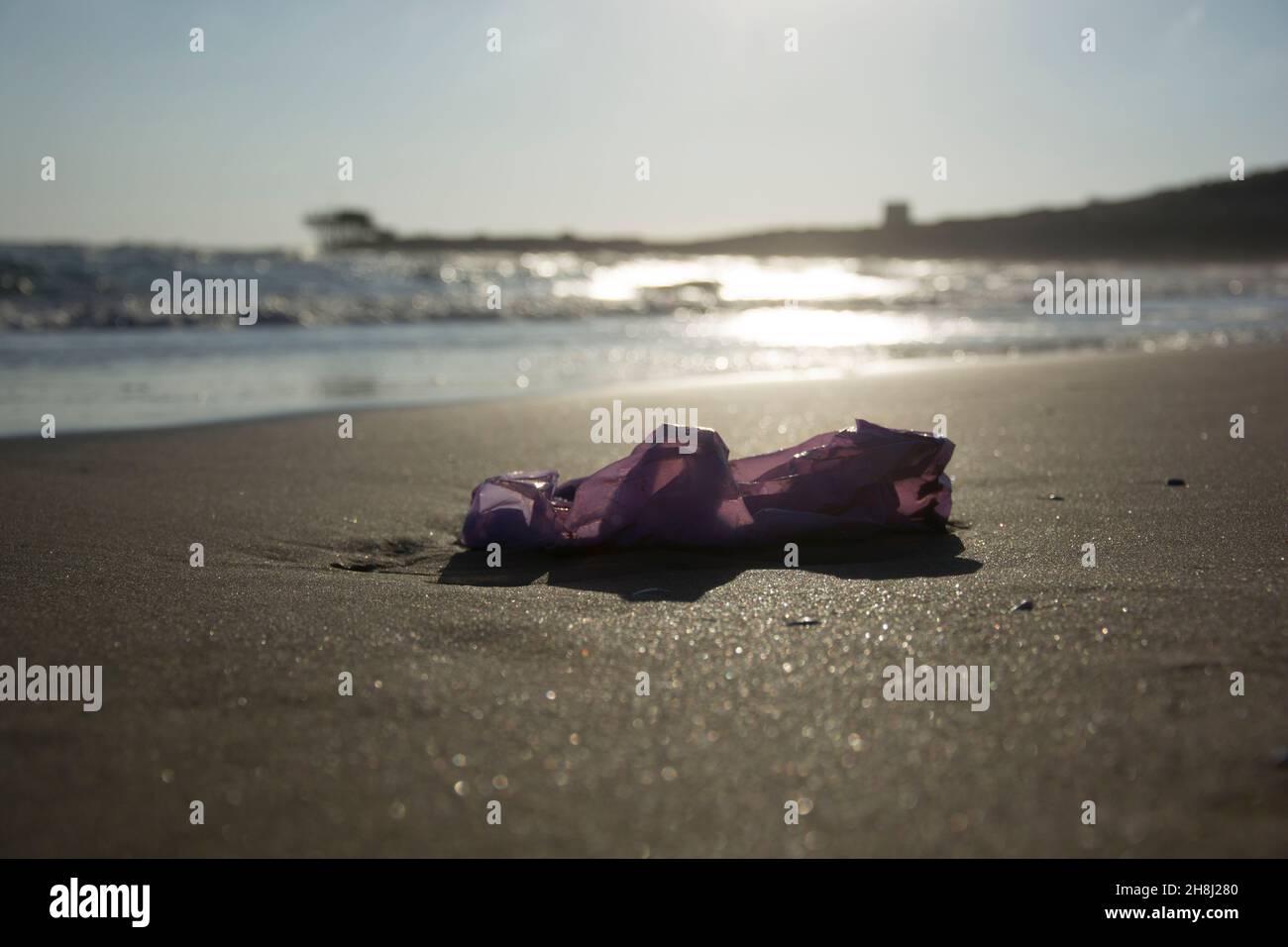 plastic waste brought by the waves of the sea Stock Photo