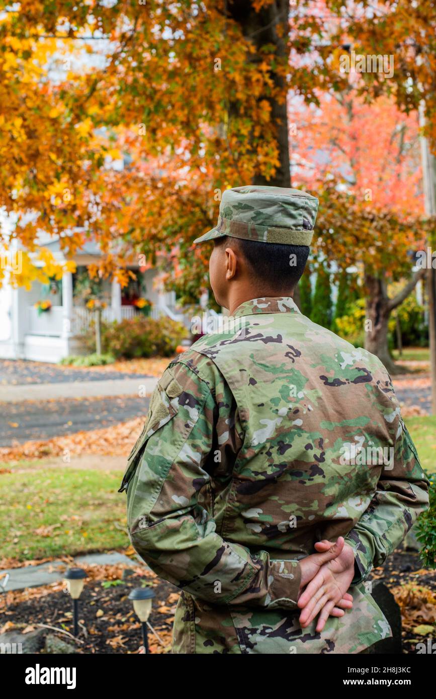 Army private in fatigues in the autumn Stock Photo