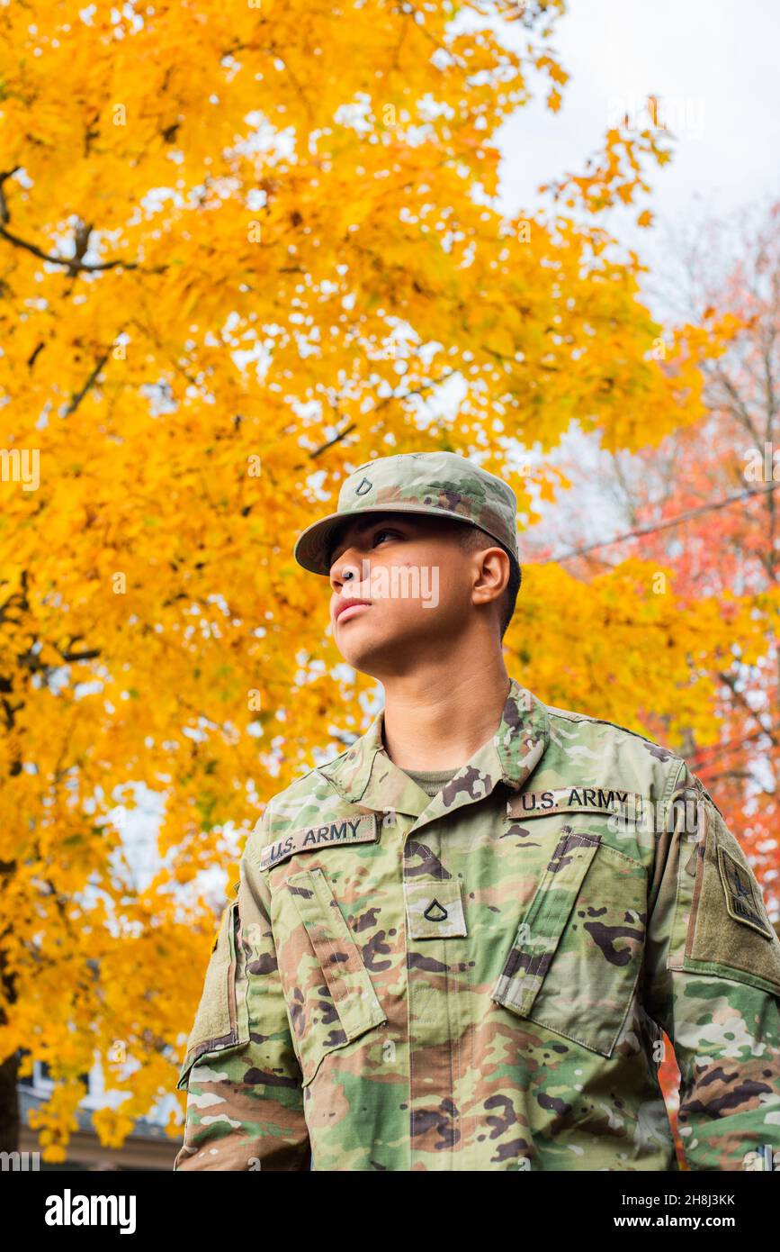 Army private in fatigues in the autumn Stock Photo