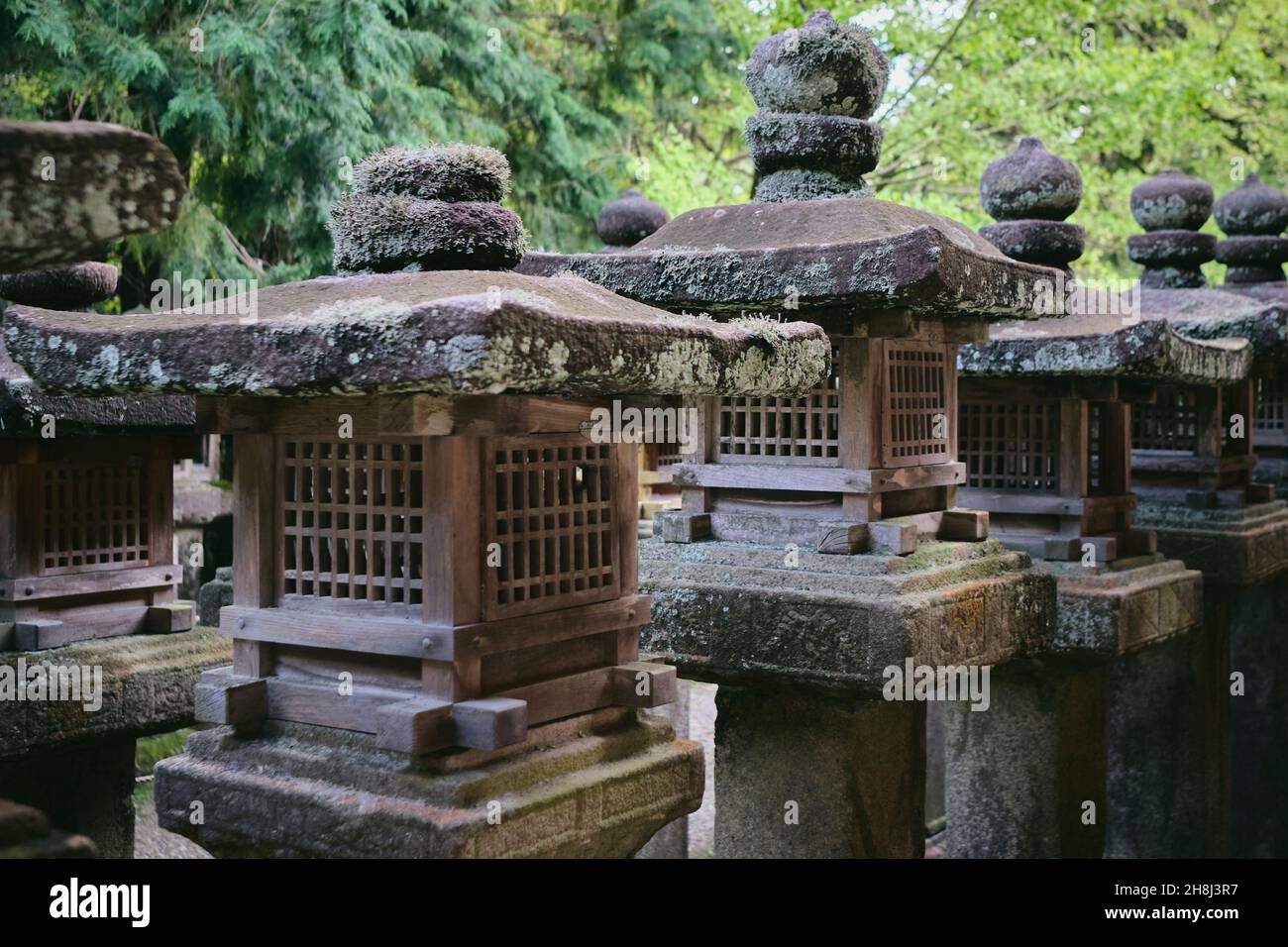 Traditional Stone Lanterns at a Temple in Nara, Japan Stock Photo