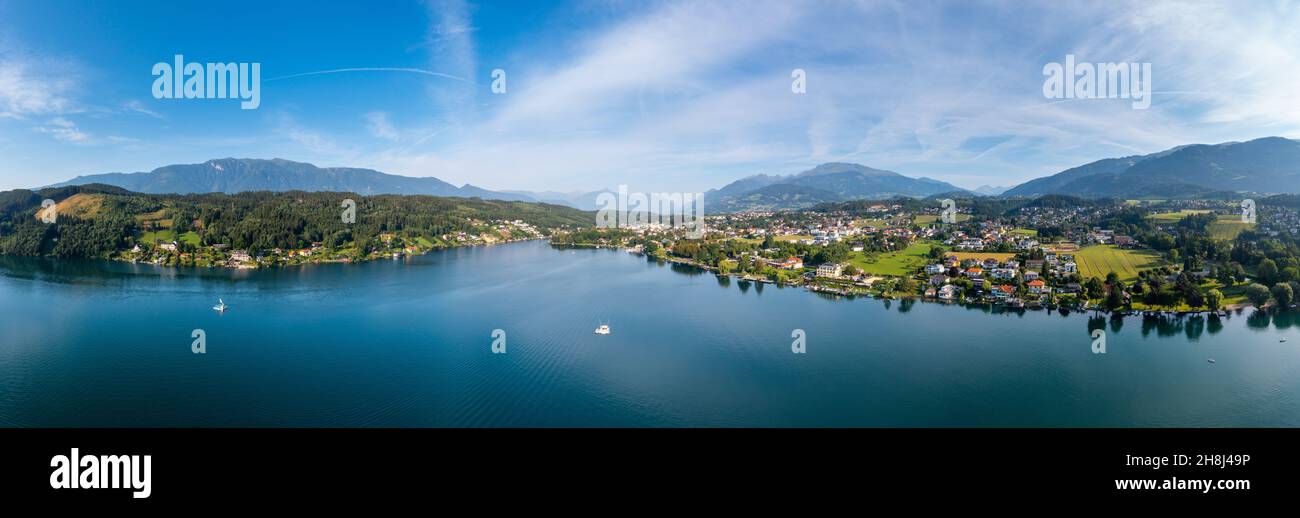 Summer day at Lake Millstatt in Carinthia. Scenic aeriall panorama of the touristic region in South of Austria. Stock Photo