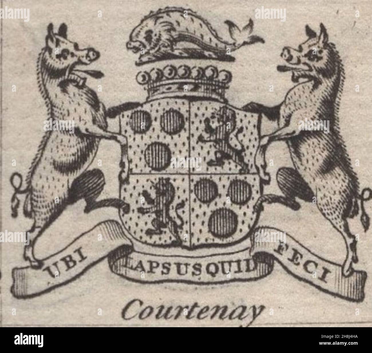 antique 18th century engraving heraldy coats of arms, English Viscounts , Motto / slogan: Ubi Lapsus quid Feci. Courtenay. by Woodman & Mutlow fc russel co circa 1780s Source: original engravings from  the annual almanach book. Stock Photo
