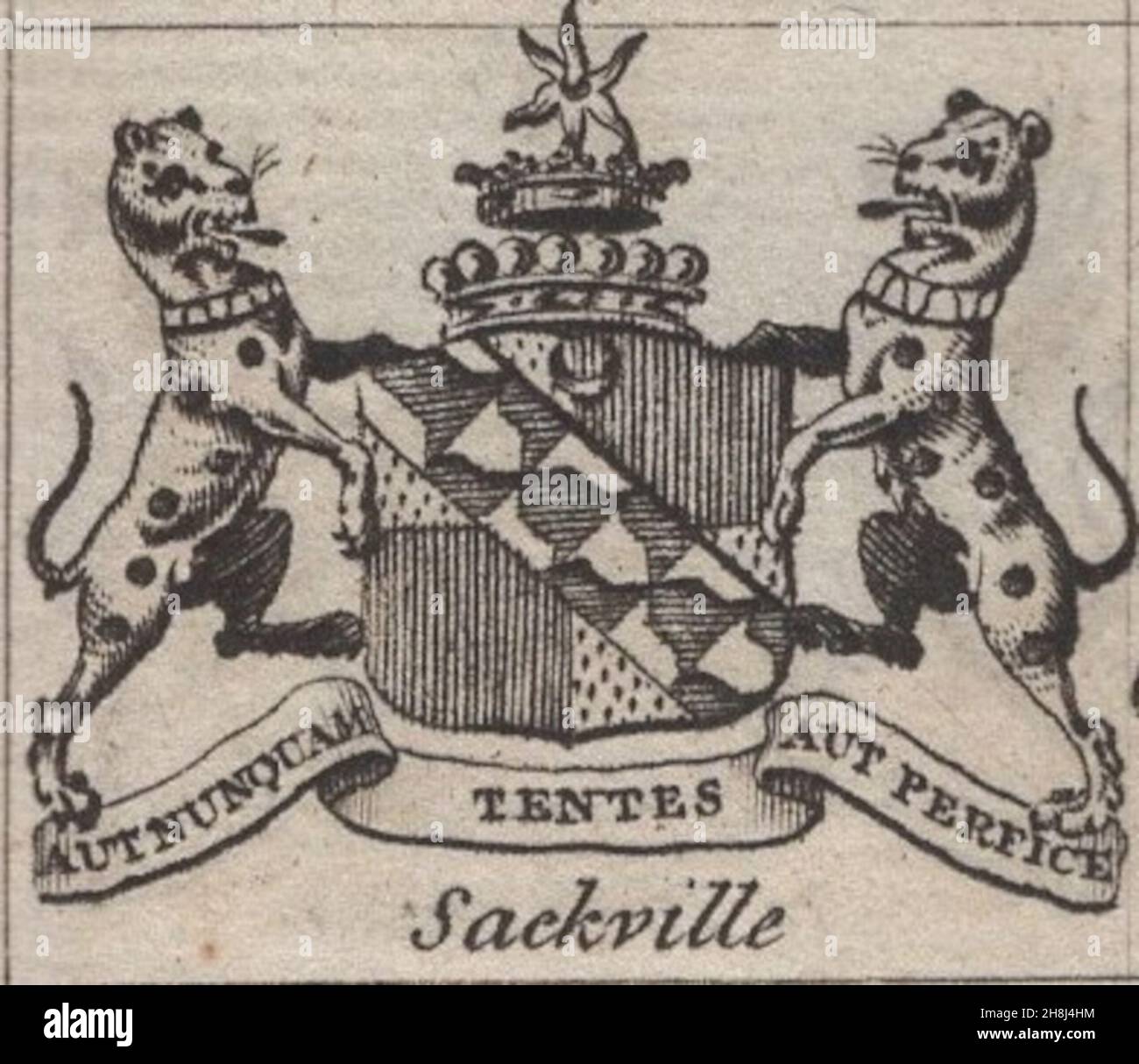 antique 18th century engraving heraldy coats of arms, English Viscounts , Motto / slogan: Aut Nunquam Tentes Aut Perfice. Sackville. by Woodman & Mutlow fc russel co circa 1780s Source: original engravings from  the annual almanach book. Stock Photo