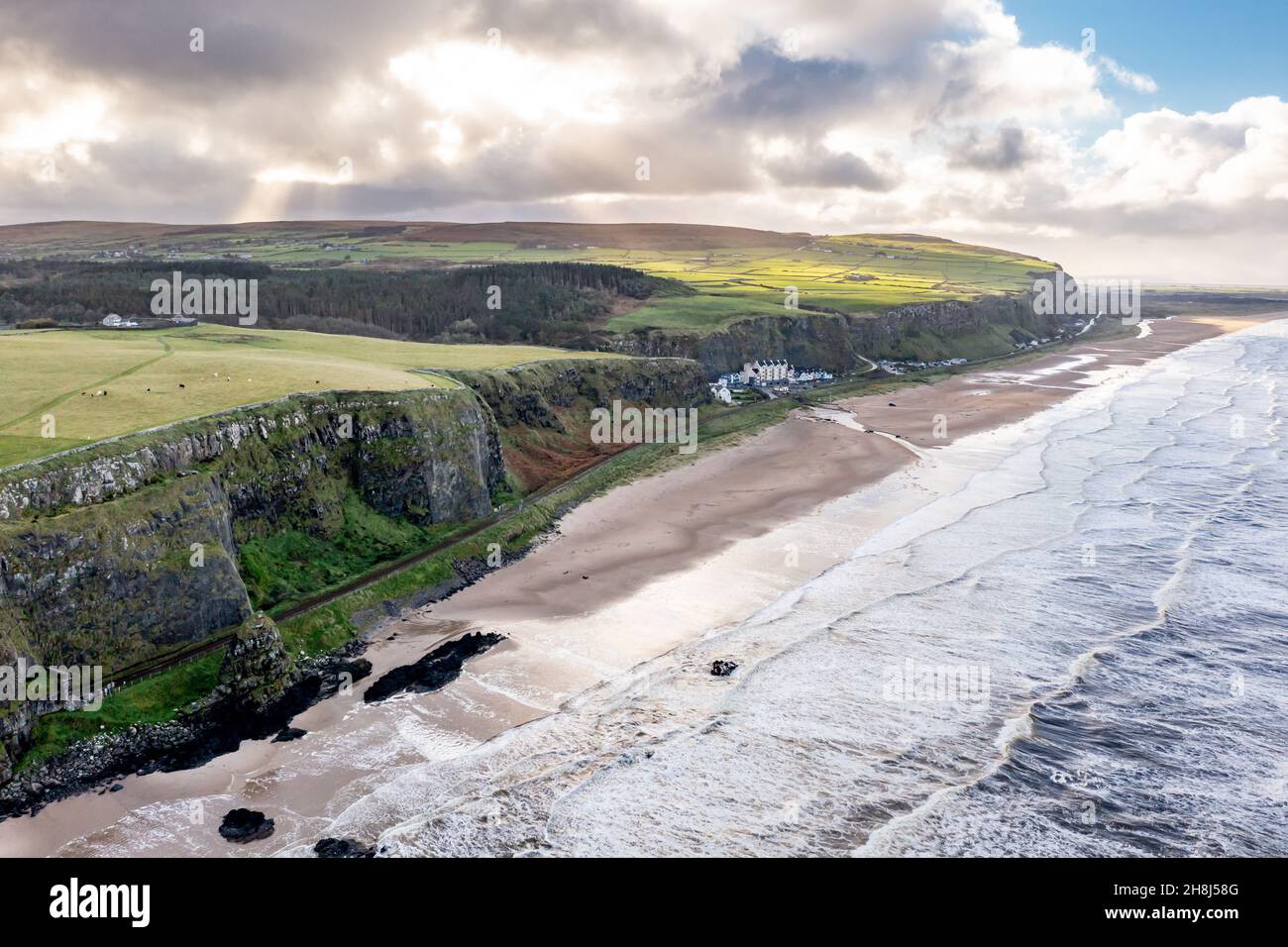 Aerial view Downhill beach in County Londonderry in Northern Ireland