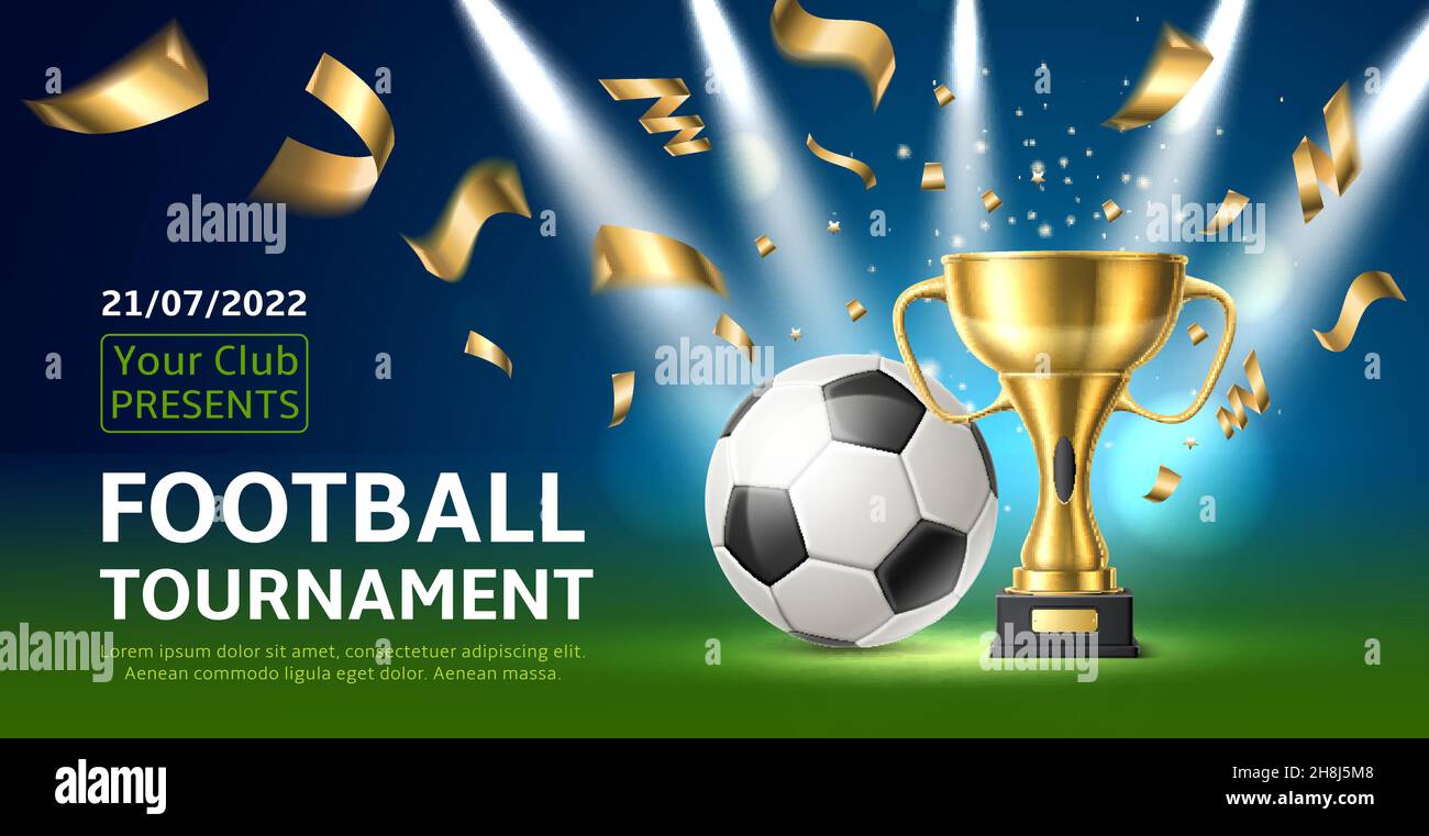 Football league tournament poster. Soccer ball with golden winner