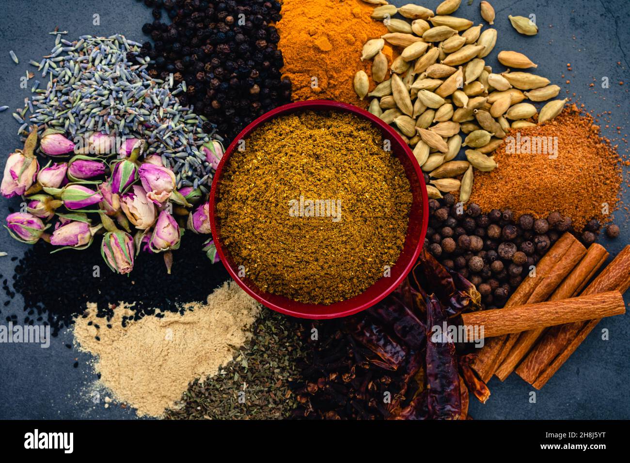 Ras el Hanout Spice Mix Surrounded with its Ingredients A dish of