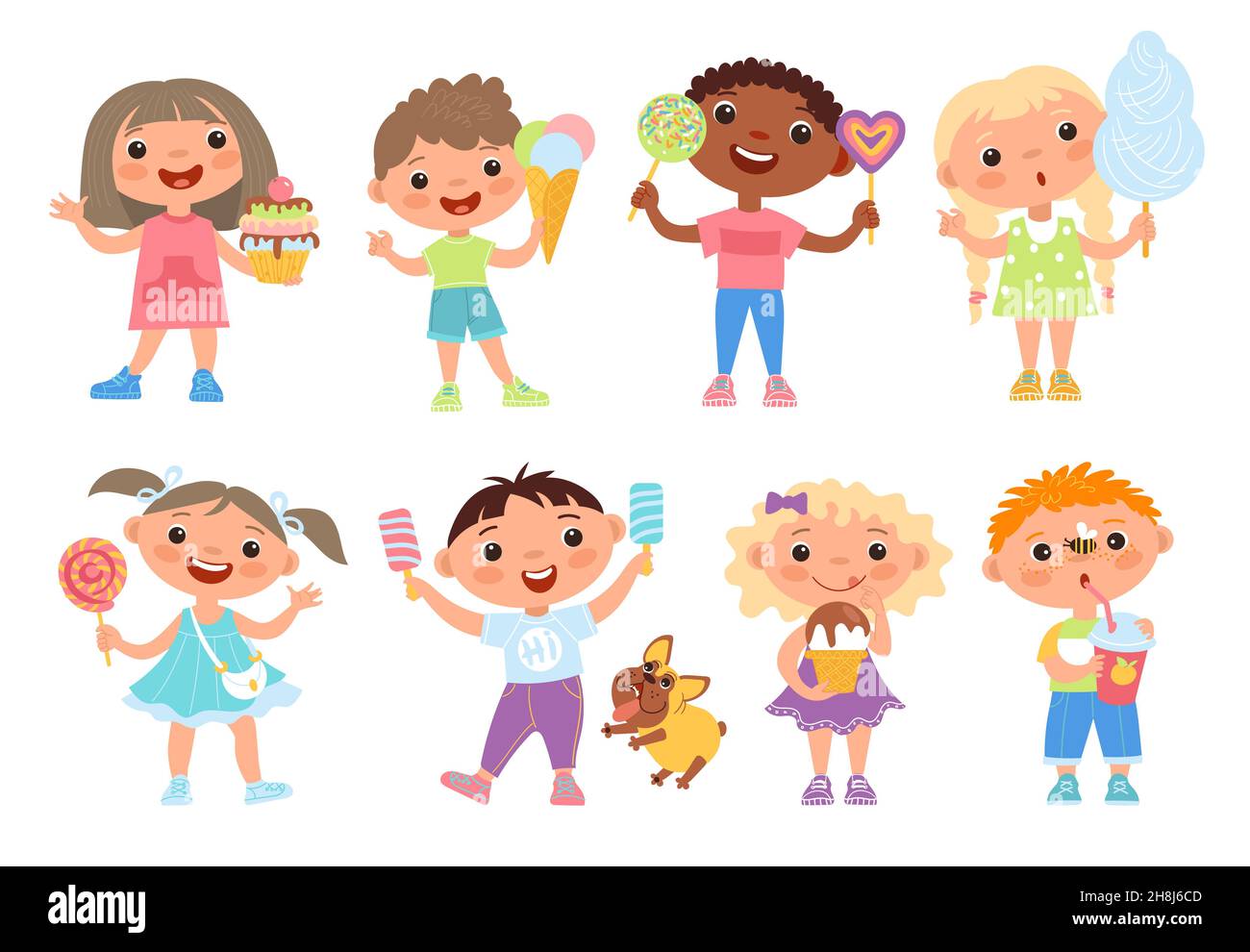 Children eat sweets. Cute funny kids hold different sugar foods, candies, ice cream and cotton candy, happy girls and boys with lollipops and cakes st Stock Vector