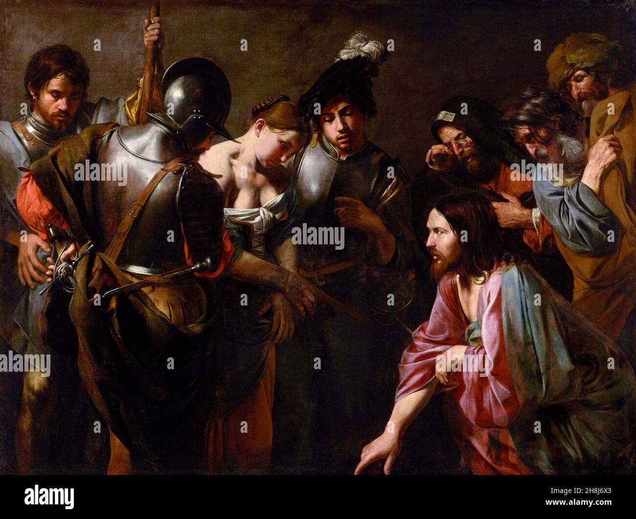 Christ and the Adulteress by Valentin de Boulogne (1591-1632), oil on canvas, 1620s Stock Photo